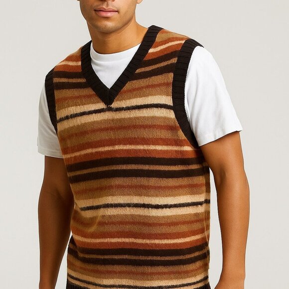 ASOS Striped Sweater Vest Medium Brown Black Preppy Grunge Streetwear Soft Knit - Picture 8 of 8